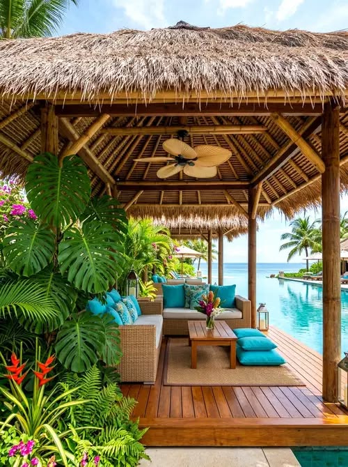 Tropical bamboo cabana with turquoise cushions facing an infinity pool and the Indian Ocean horizon.