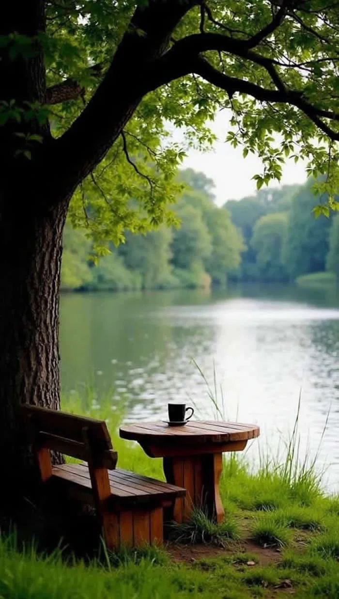 Rustic wooden bench and table with a coffee cup beneath a large tree overlooking a tranquil green lake.