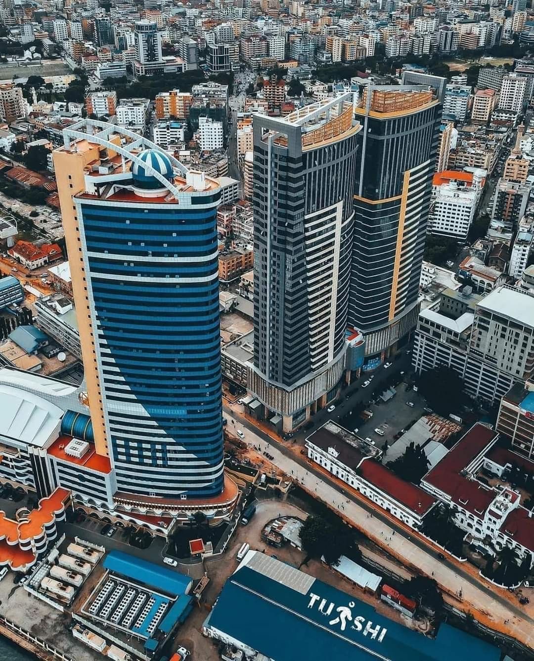 Aerial view of the Dar es Salaam skyline with modern high-rise towers