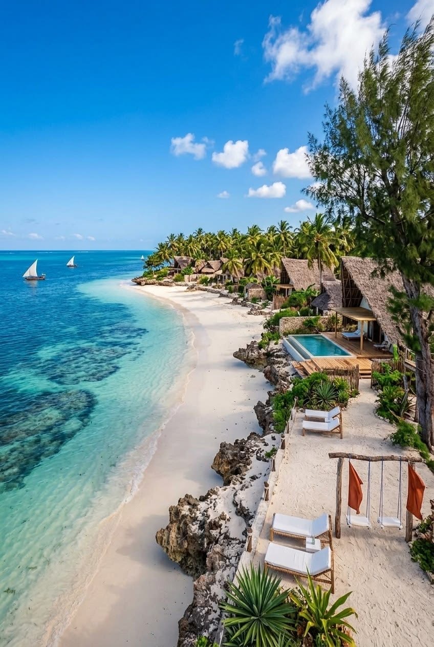 Aerial view of thatched beachfront villas with private plunge pools above a white-sand beach and sailing dhows in Zanzibar.