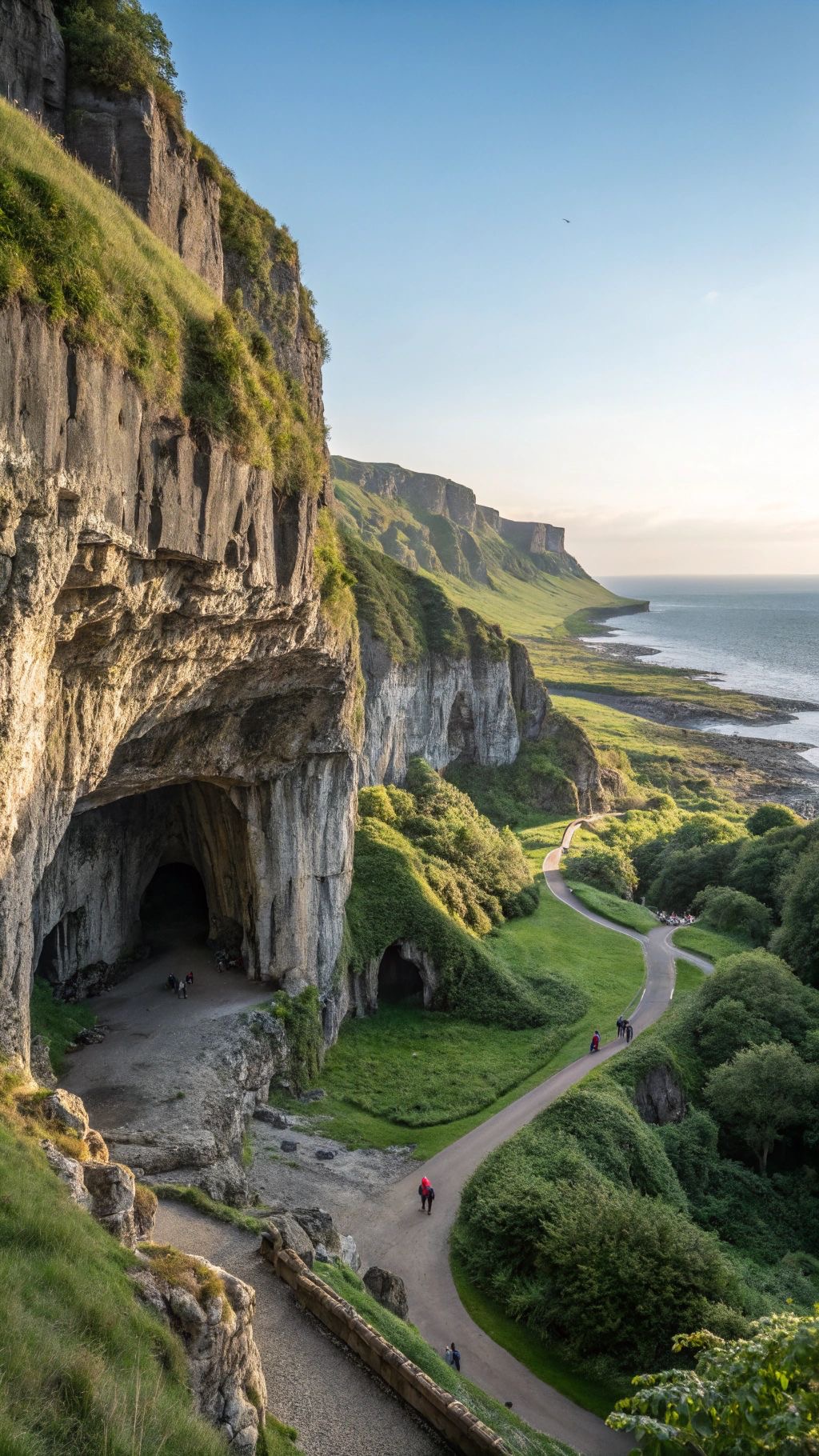 Towering coastal cliffs with a sea cave and winding path above the ocean at golden hour.