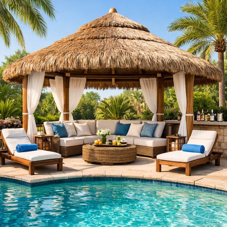 Luxury thatched palapa cabana with sun loungers and a private pool at a Zanzibar beach resort.