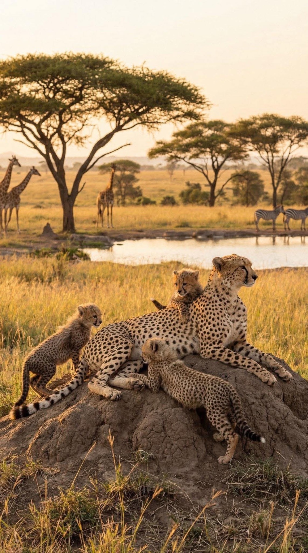 Cheetah family at golden hour, Serengeti