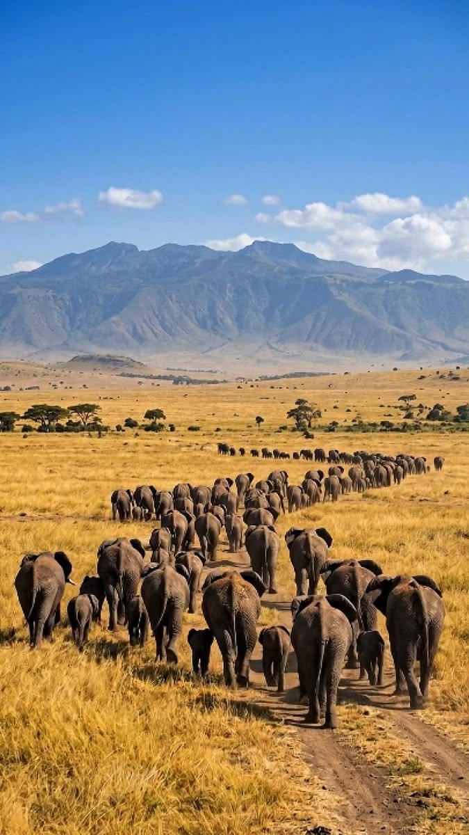 Elephant herd trekking across Kilimanjaro plains