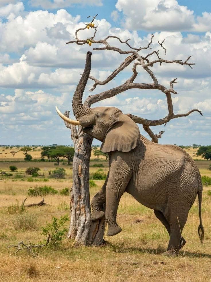 Large bull elephant stretching its trunk up a bare acacia tree on the open Serengeti plains.