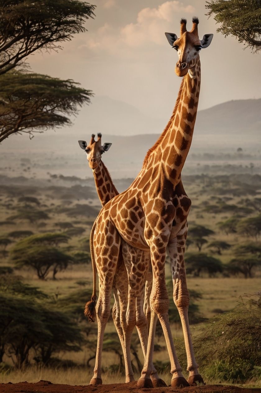 Two Maasai giraffes standing tall among acacia trees across the golden Tanzanian savannah at sunset.