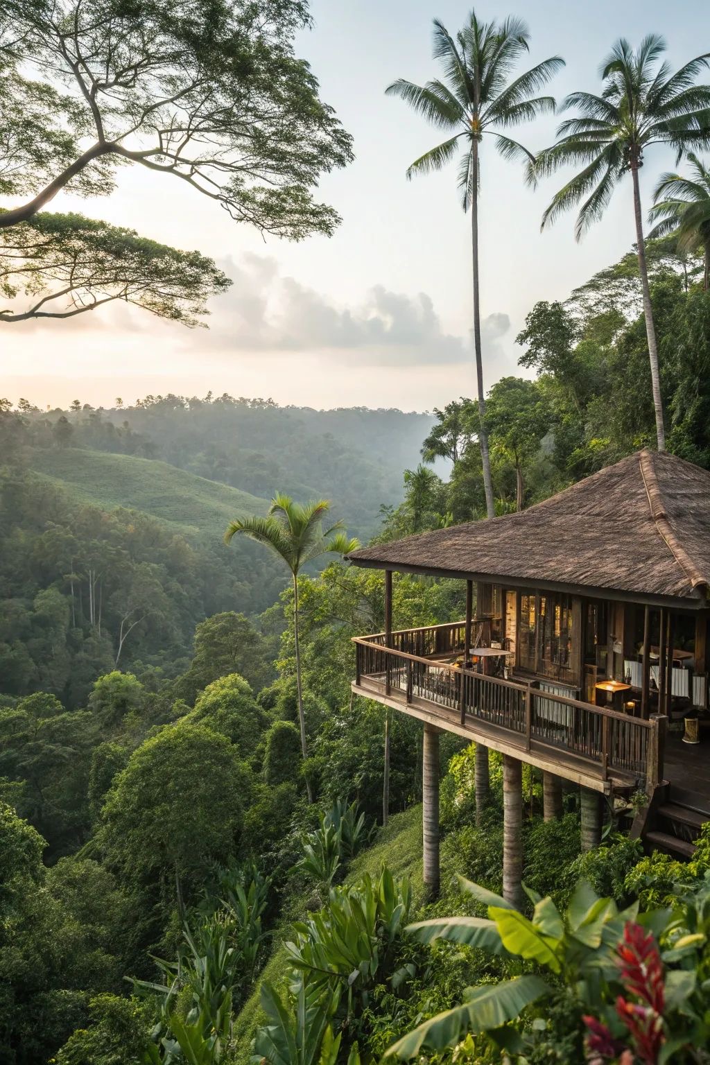 Elevated thatched treehouse lodge on stilts overlooking a lush tropical rainforest valley at golden hour.