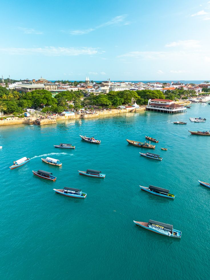 Aerial view of Stone Town waterfront with traditional fishing boats scattered across calm turquoise harbour water.