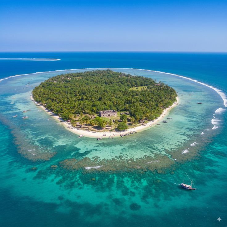 Aerial drone view of a circular palm-forested island ringed by coral reef and turquoise lagoon off Zanzibar.