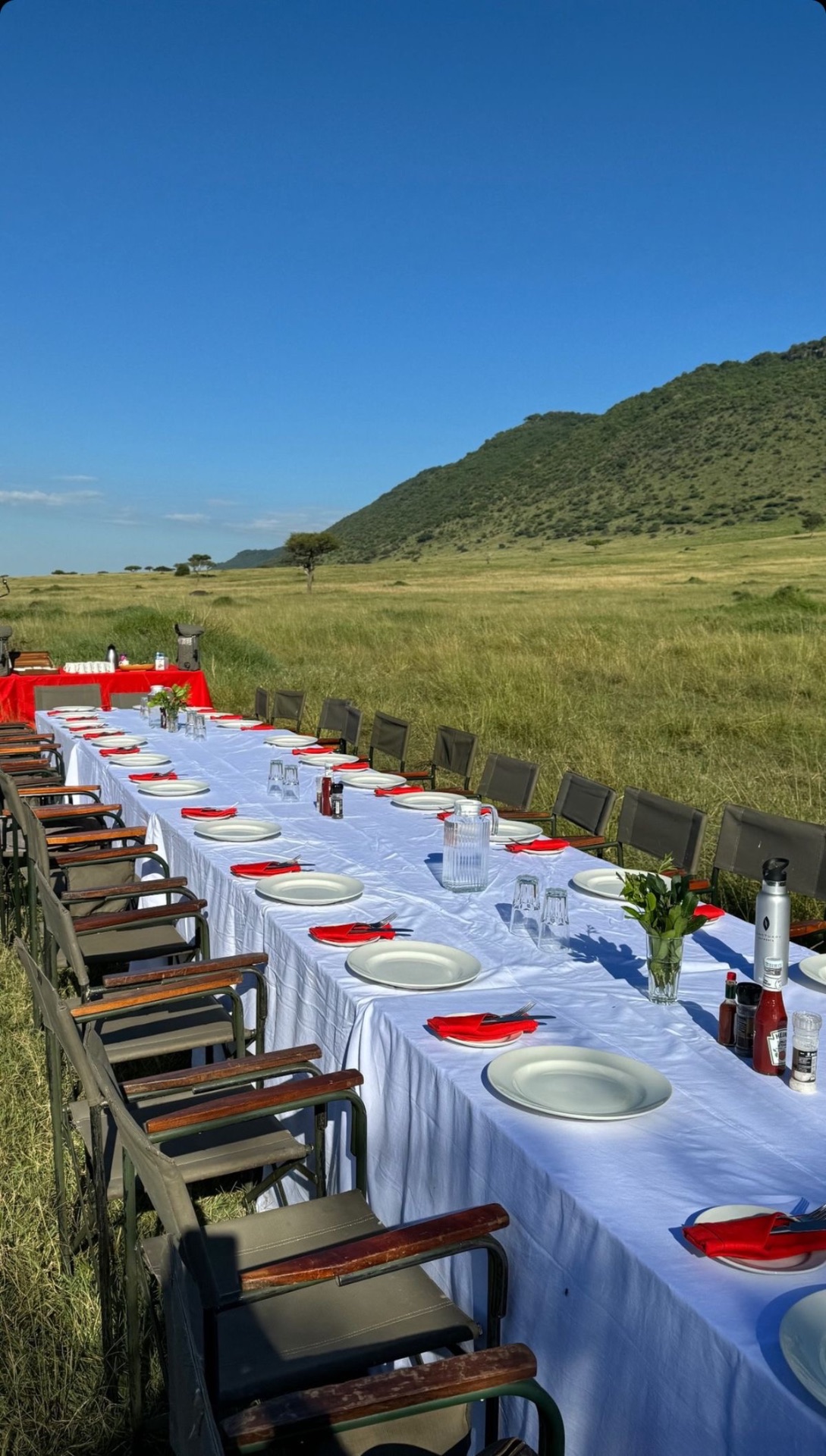 Long white-linen banquet table set for a private bush dinner on the open savannah beneath a green hill.