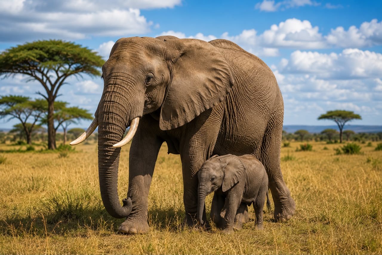African bush elephant mother with her calf walking across the Serengeti plains beside an acacia tree.