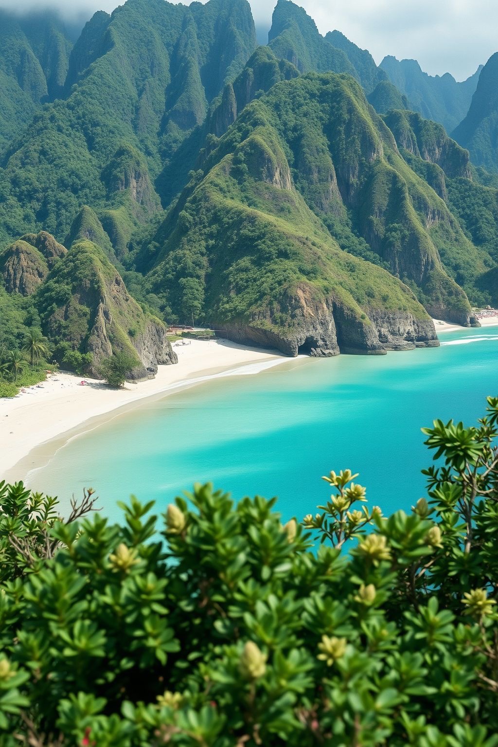 Turquoise bay framed by emerald jungle cliffs and white sand beach